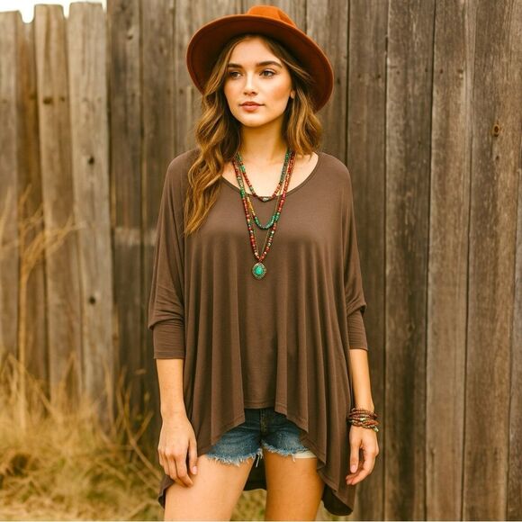 Free People Beach Tunic Brown Boho Lagenlook Knit Oversized High Side Slits XS - Picture 1 of 9